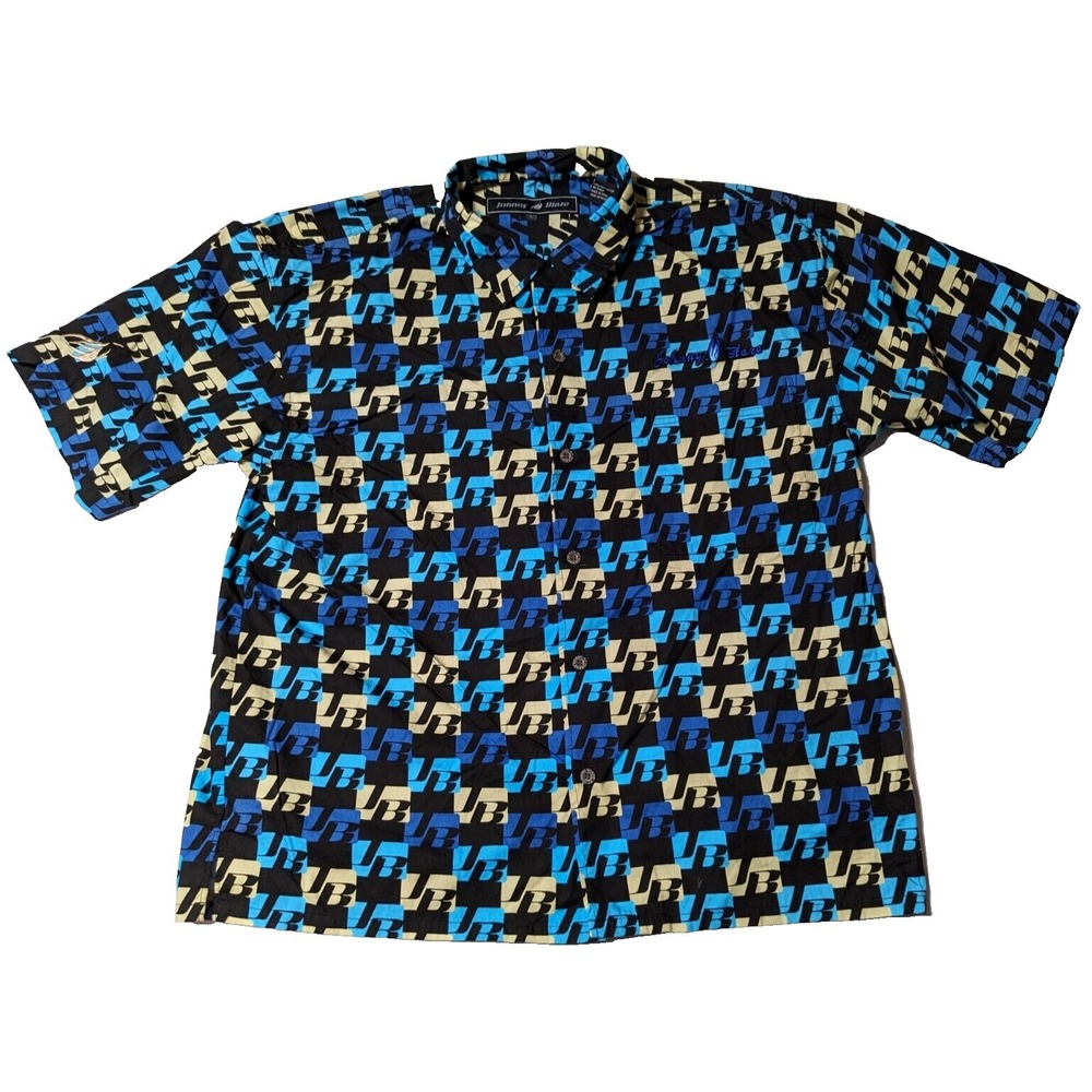 VTG JOHNNY BLAZE‎ Men Large Black Cotton Logo GEO AOP Embroidered Shirt